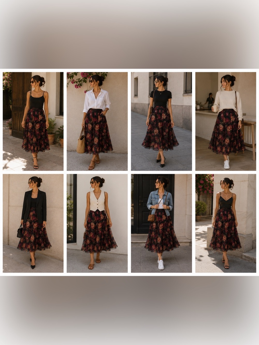 Floral Midi Skirt in Black and Burgundy
